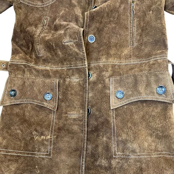 Vintage Retro 70s 80s Suede Jacket Hip Length Hooded Belted Brown Fitted XS - Picture 16 of 16